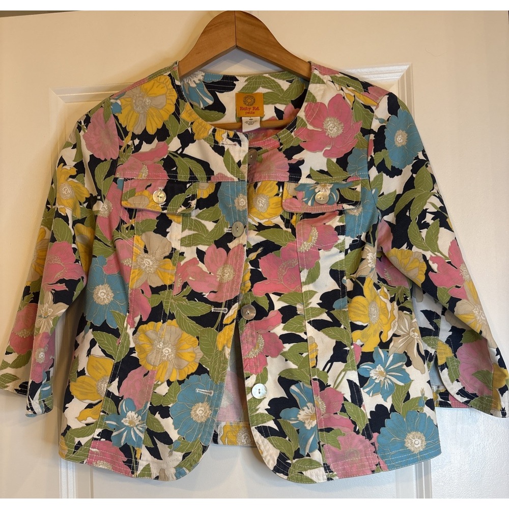 Ruby Road Women's Petite Size 6 Jacket Pink and Green Floral Cotton Blend